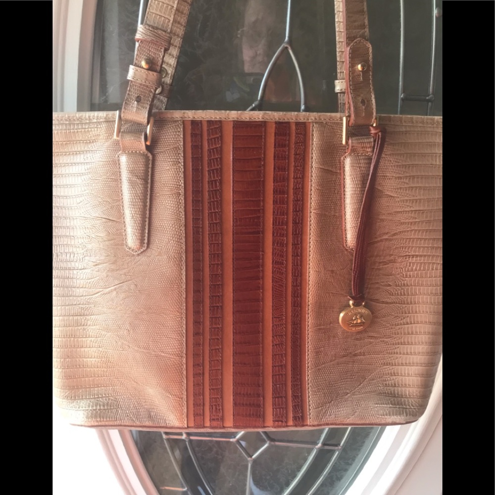 Brahmin Metallic Rose Gold Croc-Embossed Tote with Brown Accent
